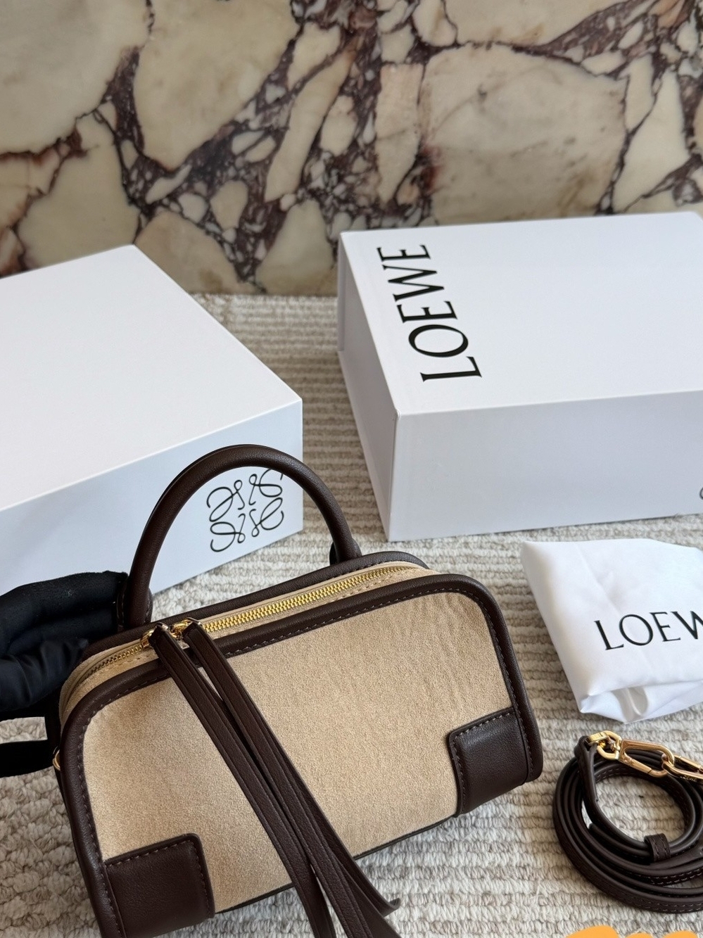 Loewe Beige & Dark Brown Canvas Small Top-Handle Bag